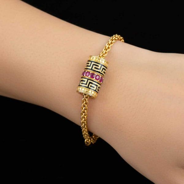 14K Gold Wheat Chain Bracelet, Ruby Greek Key Charm Slide - Boylerpf