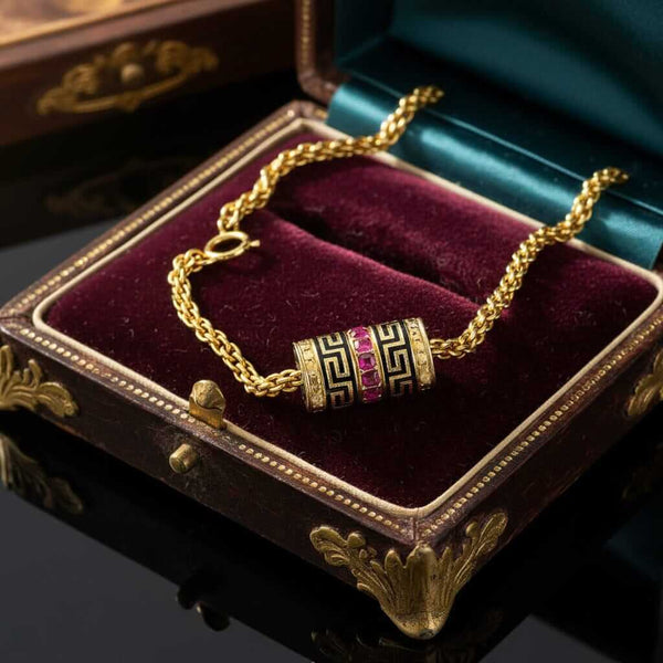 14K Gold Wheat Chain Bracelet, Ruby Greek Key Charm Slide - Boylerpf