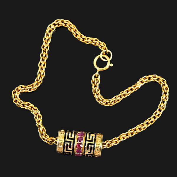 14K Gold Wheat Chain Bracelet, Ruby Greek Key Charm Slide - Boylerpf