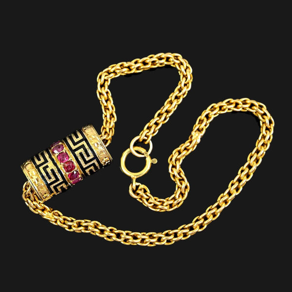 14K Gold Wheat Chain Bracelet, Ruby Greek Key Charm Slide - Boylerpf