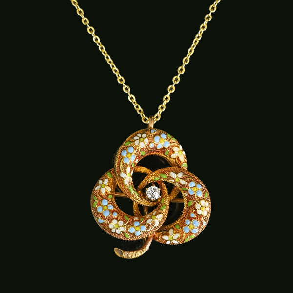 Antique 14K Enamel & Diamond Love Knot Brooch Pendant