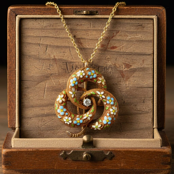 Antique 14K Enamel & Diamond Love Knot Brooch Pendant