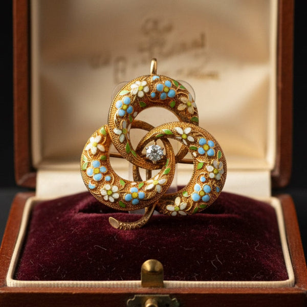 Antique 14K Enamel & Diamond Love Knot Brooch Pendant