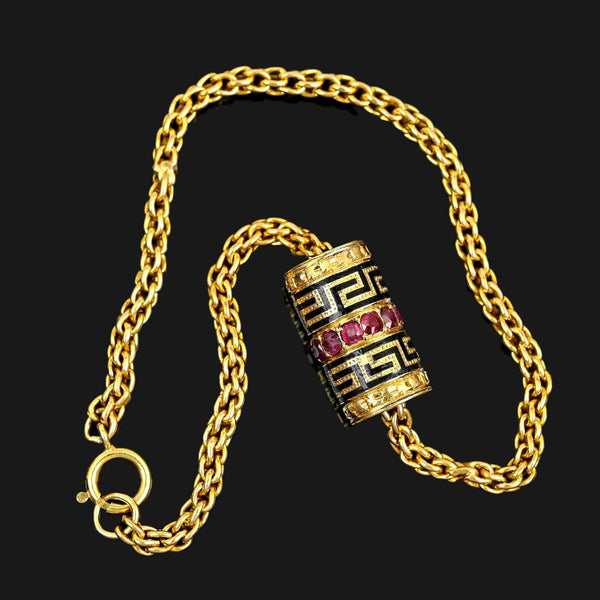 14K Gold Wheat Chain Bracelet, Ruby Greek Key Charm Slide - Boylerpf