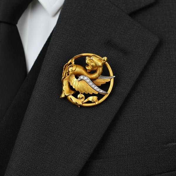 Antique Rose Cut Diamond 18K Gold Griffin Brooch - Boylerpf