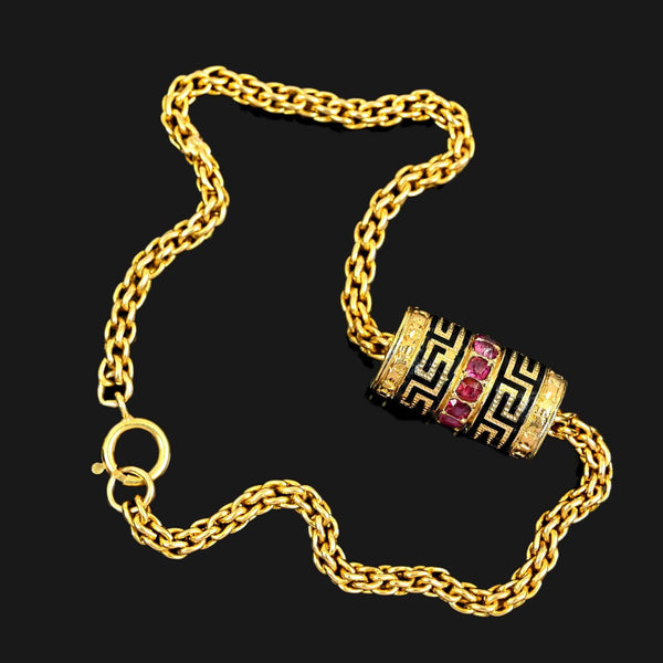 14K Gold Wheat Chain Bracelet, Ruby Greek Key Charm Slide - Boylerpf