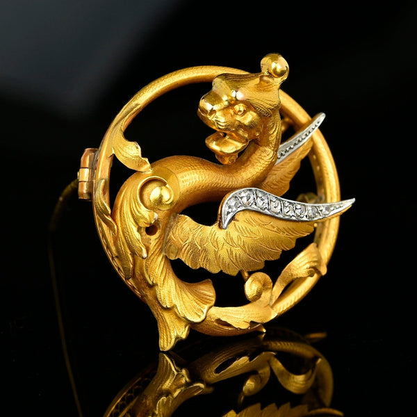 Antique Rose Cut Diamond 18K Gold Griffin Brooch - Boylerpf