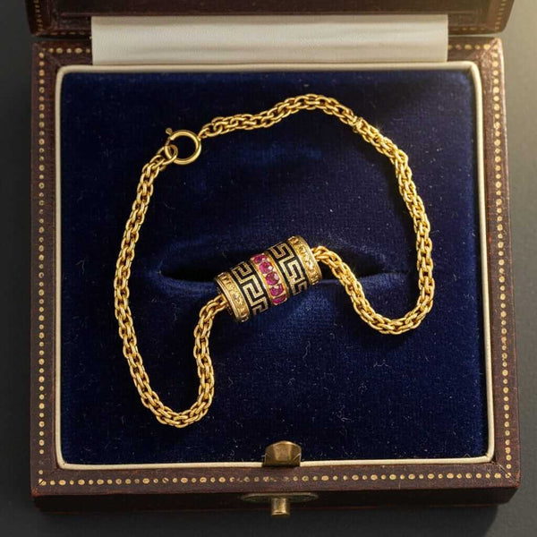 14K Gold Wheat Chain Bracelet, Ruby Greek Key Charm Slide - Boylerpf