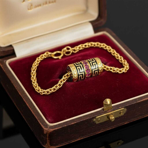 14K Gold Wheat Chain Bracelet, Ruby Greek Key Charm Slide - Boylerpf