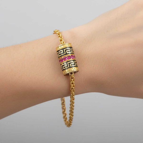 14K Gold Wheat Chain Bracelet, Ruby Greek Key Charm Slide - Boylerpf