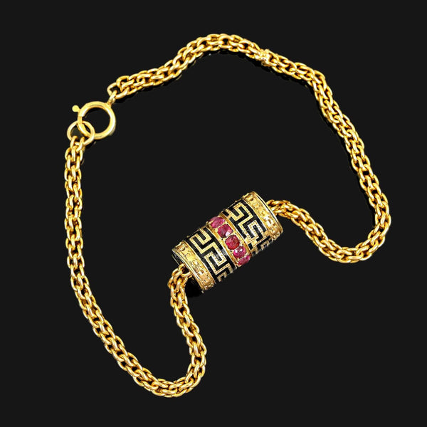 14K Gold Wheat Chain Bracelet, Ruby Greek Key Charm Slide - Boylerpf