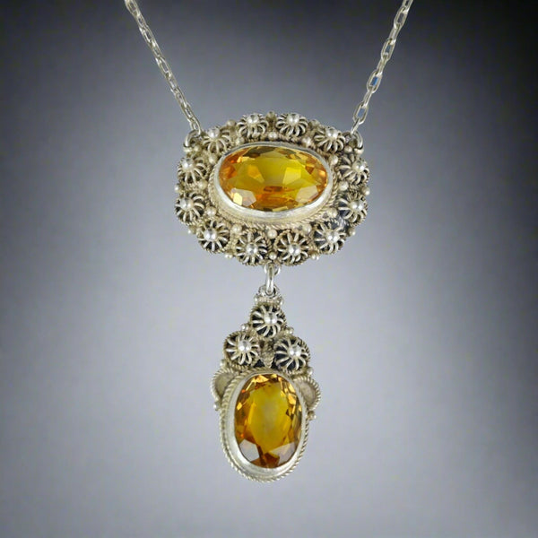 Antique Victorian Silver Canneille Flowers Citrine Necklace - Boylerpf