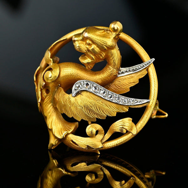 Antique Rose Cut Diamond 18K Gold Griffin Brooch - Boylerpf