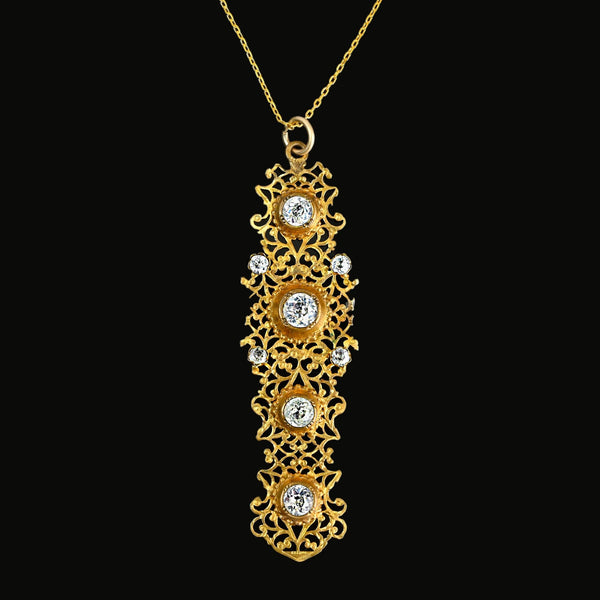 Antique 19th Century Gold Gilt Filigree Diamond Paste Pendant - Boylerpf