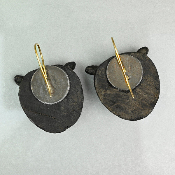 Antique Victorian Irish Bog Oak Owl Earrings, 9K Gold Hooks