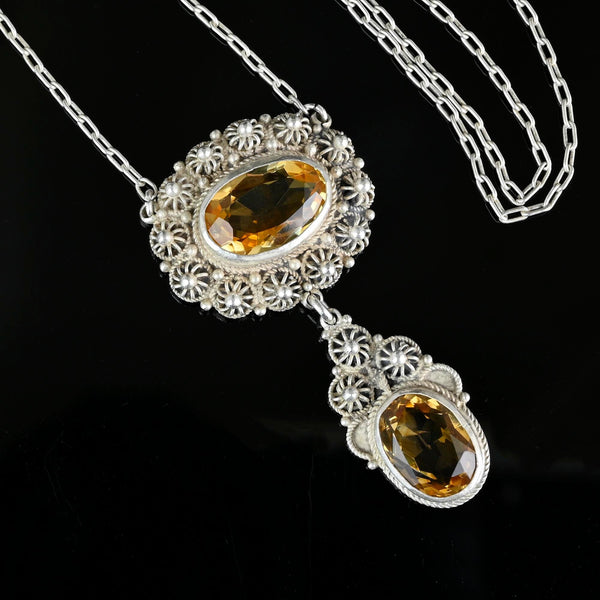 Antique Victorian Silver Canneille Flowers Citrine Necklace - Boylerpf