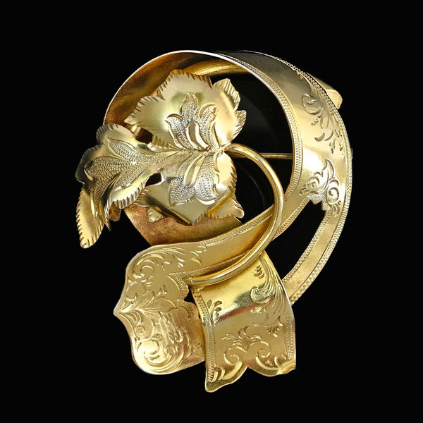 Antique Victorian Gold Gilt Silver Leaf Brooch, 1885 Swedish