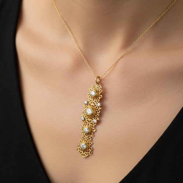 Antique 19th Century Gold Gilt Filigree Diamond Paste Pendant - Boylerpf