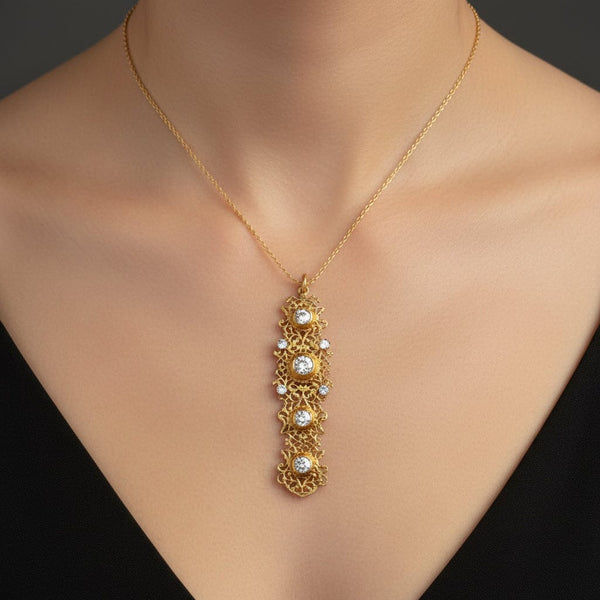Antique 19th Century Gold Gilt Filigree Diamond Paste Pendant - Boylerpf