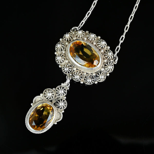 Antique Victorian Silver Canneille Flowers Citrine Necklace - Boylerpf