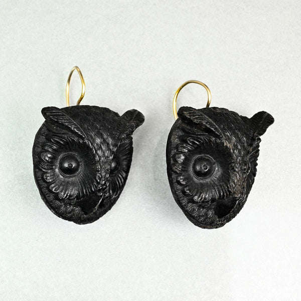 Antique Victorian Irish Bog Oak Owl Earrings, 9K Gold Hooks