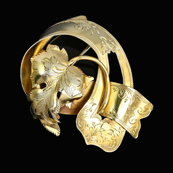 Antique Victorian Gold Gilt Silver Leaf Brooch, 1885 Swedish