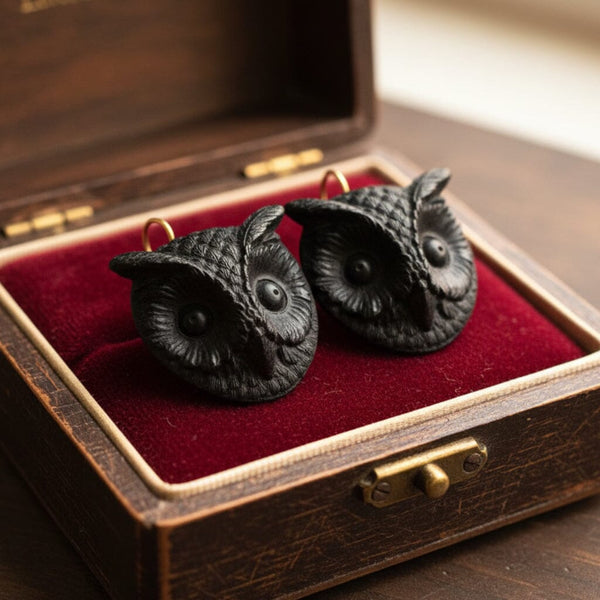 Antique Victorian Irish Bog Oak Owl Earrings, 9K Gold Hooks