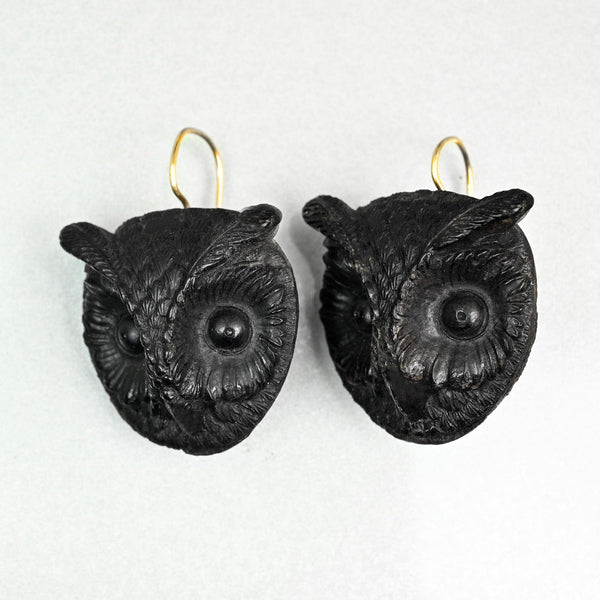 Antique Victorian Irish Bog Oak Owl Earrings, 9K Gold Hooks