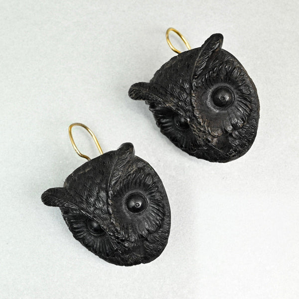 Antique Victorian Irish Bog Oak Owl Earrings, 9K Gold Hooks