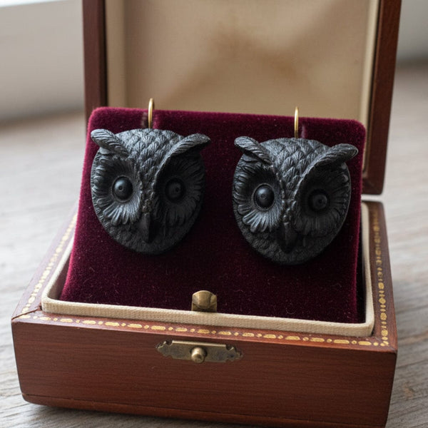 Antique Victorian Irish Bog Oak Owl Earrings, 9K Gold Hooks