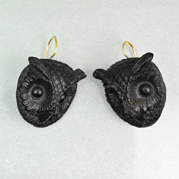 Antique Victorian Irish Bog Oak Owl Earrings, 9K Gold Hooks