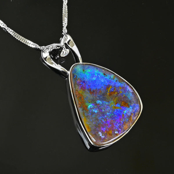 18K White Gold Diamond 13.99 CTW Boulder Opal Necklace - Boylerpf