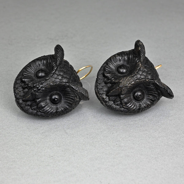 Antique Victorian Irish Bog Oak Owl Earrings, 9K Gold Hooks