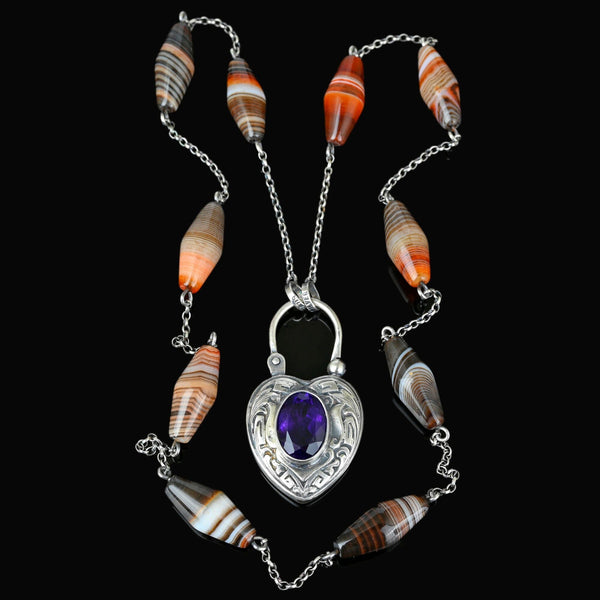 Scottish Banded Agate Amethyst Heart Padlock Necklace - Boylerpf