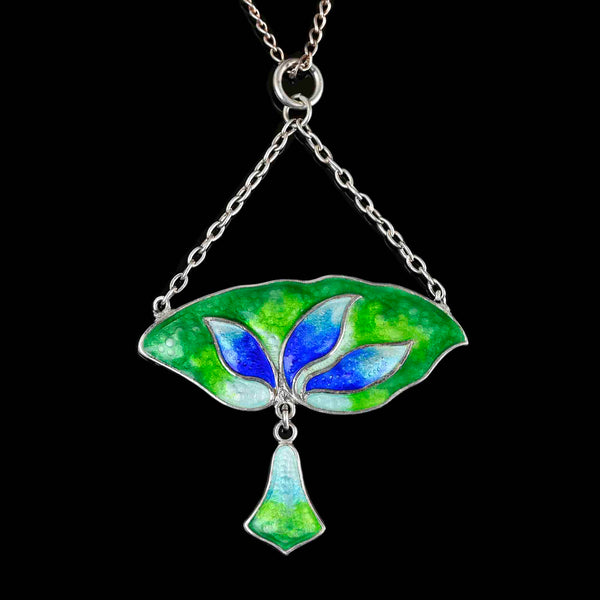 Art Nouveau Silver Leaf Enamel Pendant Necklace - Boylerpf