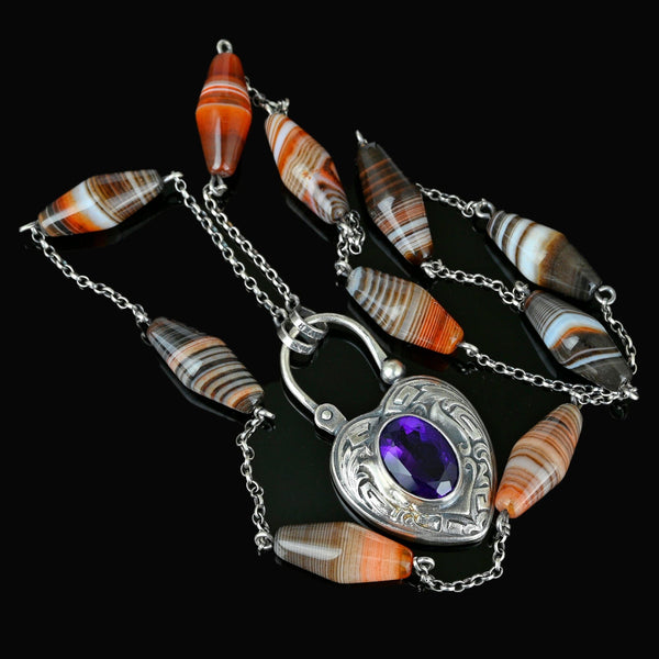 Scottish Banded Agate Amethyst Heart Padlock Necklace - Boylerpf