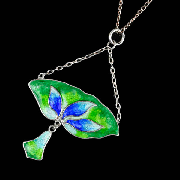 Art Nouveau Silver Leaf Enamel Pendant Necklace - Boylerpf