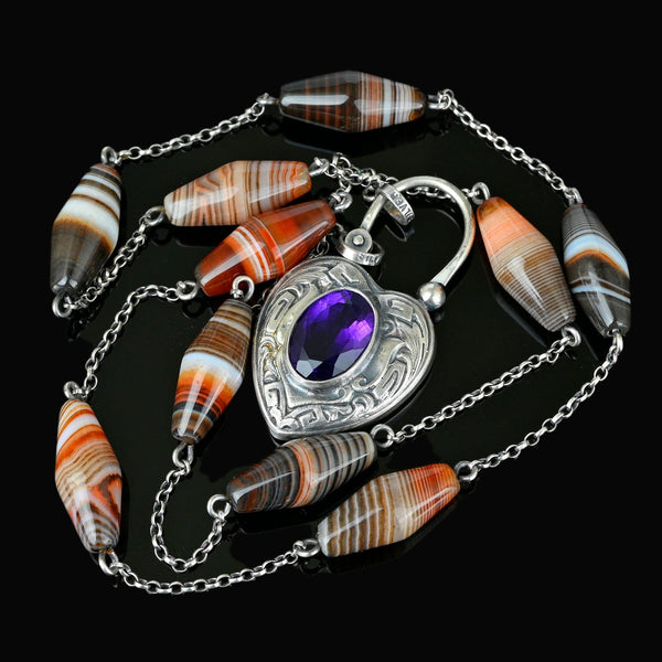 Scottish Banded Agate Amethyst Heart Padlock Necklace - Boylerpf