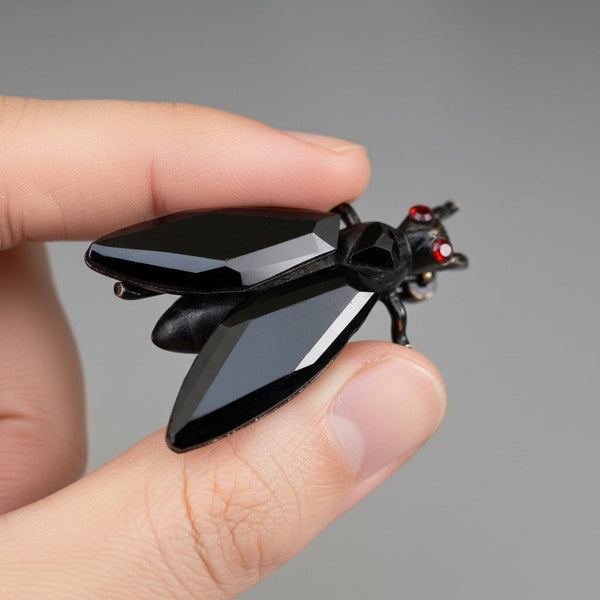 Antique Victorian Jet Fly Brooch Enamel Ruby Eyes Pin - Boylerpf