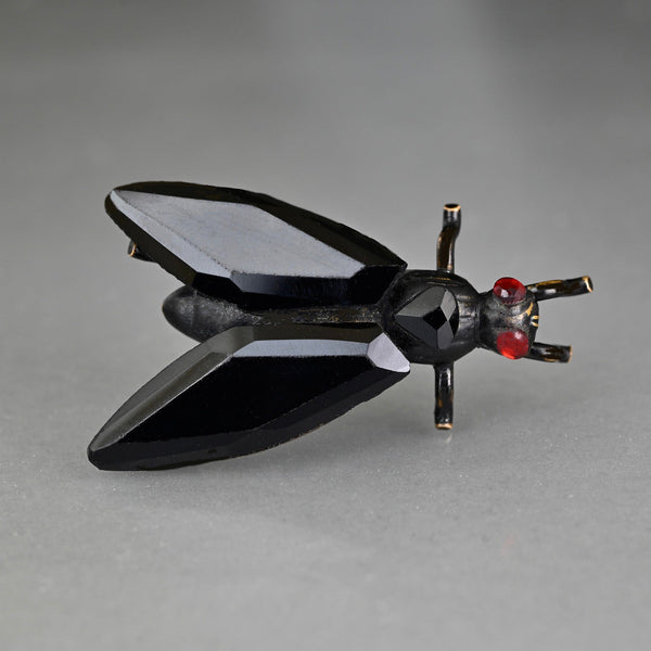 Antique Victorian Jet Fly Brooch Enamel Ruby Eyes Pin - Boylerpf