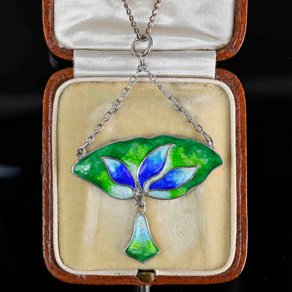 Art Nouveau Silver Leaf Enamel Pendant Necklace - Boylerpf