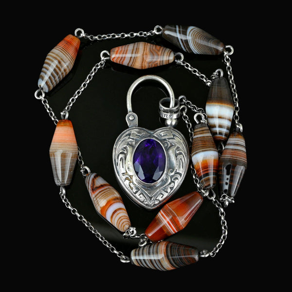 Scottish Banded Agate Amethyst Heart Padlock Necklace - Boylerpf