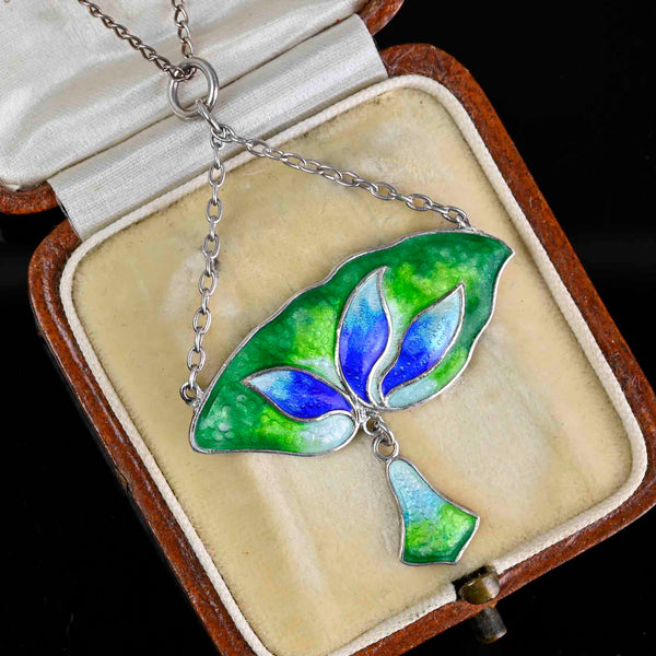 Art Nouveau Silver Leaf Enamel Pendant Necklace - Boylerpf