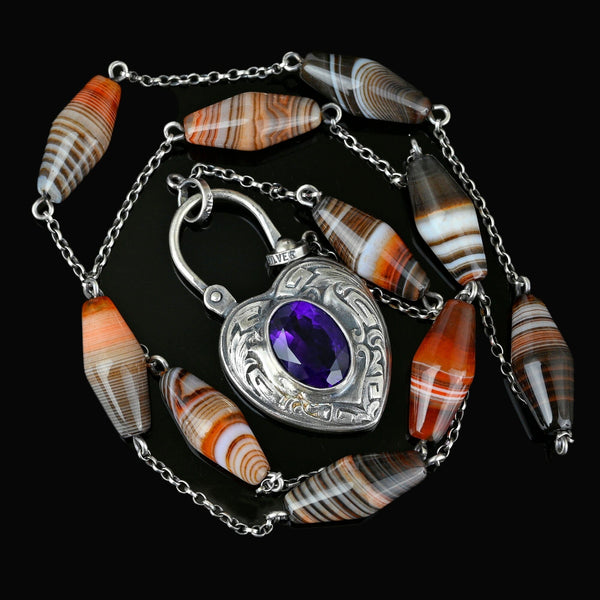 Scottish Banded Agate Amethyst Heart Padlock Necklace - Boylerpf