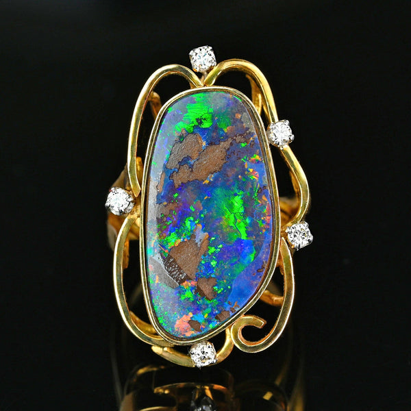 10ct Australian Boulder Opal Diamond Ring in 14K Yellow Gold