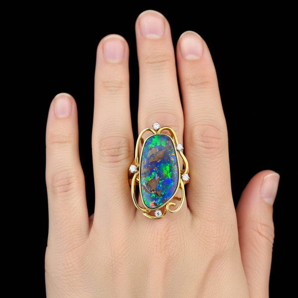 10ct Australian Boulder Opal Diamond Ring in 14K Yellow Gold