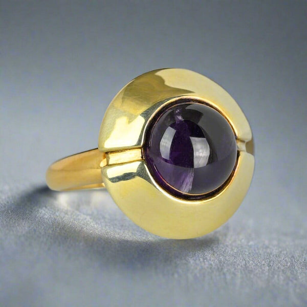 Heavy 14K Gold Amethyst Cabochon Target Style Ring - Boylerpf