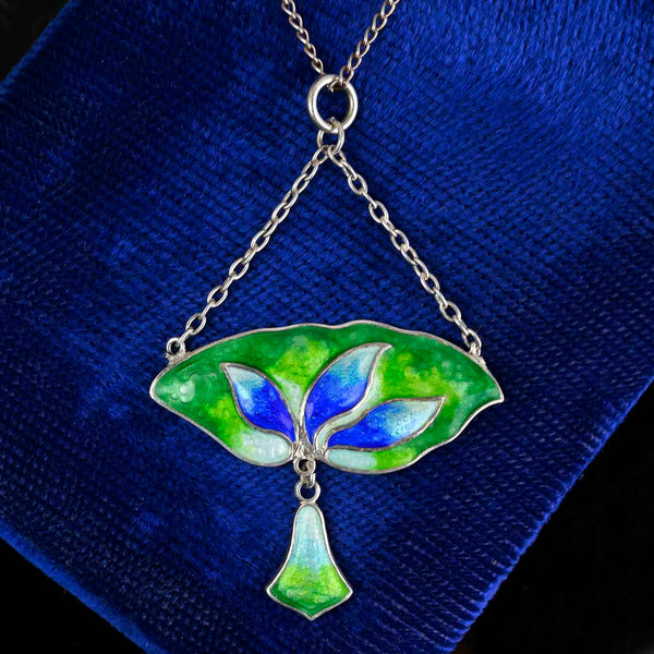 Art Nouveau Silver Leaf Enamel Pendant Necklace - Boylerpf