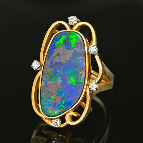 10ct Australian Boulder Opal Diamond Ring in 14K Yellow Gold