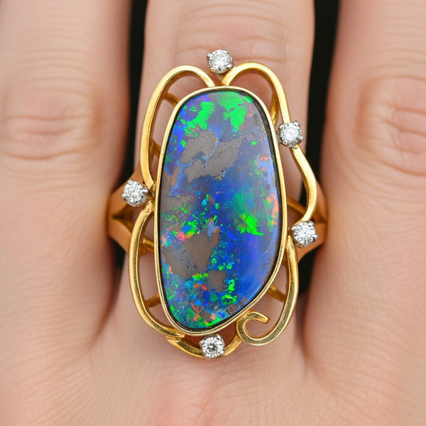 10ct Australian Boulder Opal Diamond Ring in 14K Yellow Gold